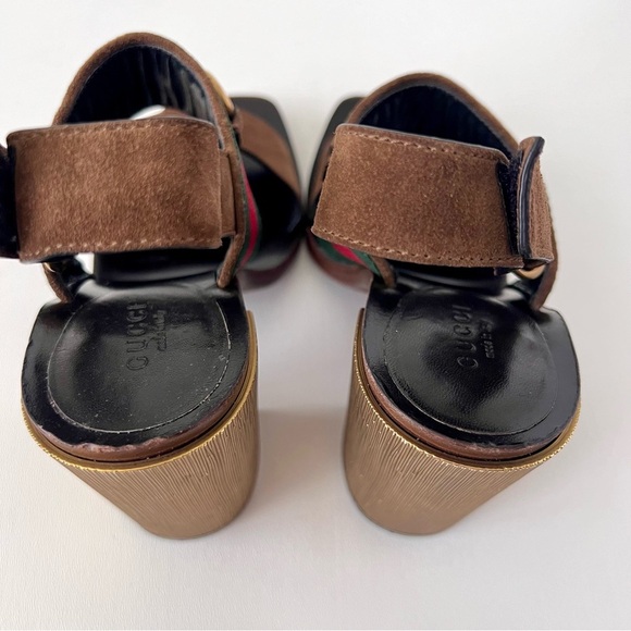 GUCCI || Querelle Horsebit Web stripe Suede Chunky Gold High Heel Sandal EU 38 - Picture 9 of 15